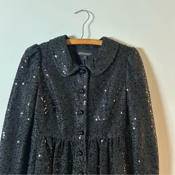 Betsey Johnson Vintage Black Sequin Button Front Coat Jacket Womens 8 Holiday - Picture 5 of 6
